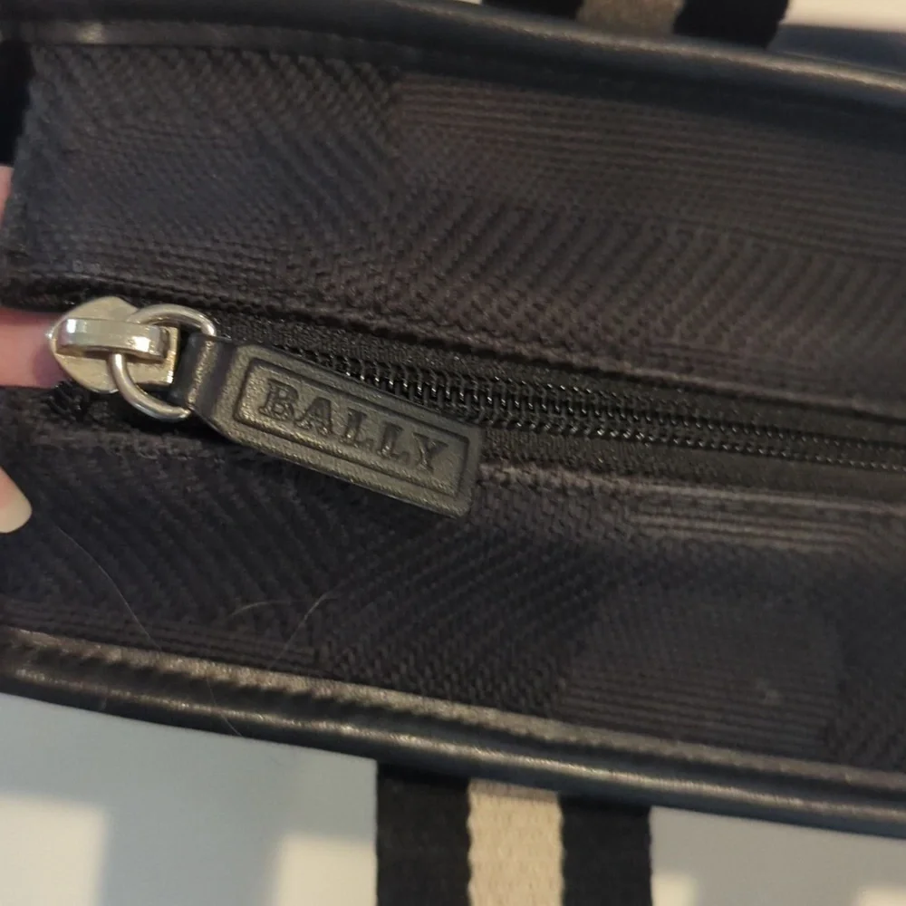 Black Bally canvas tote with black and white canvas handles